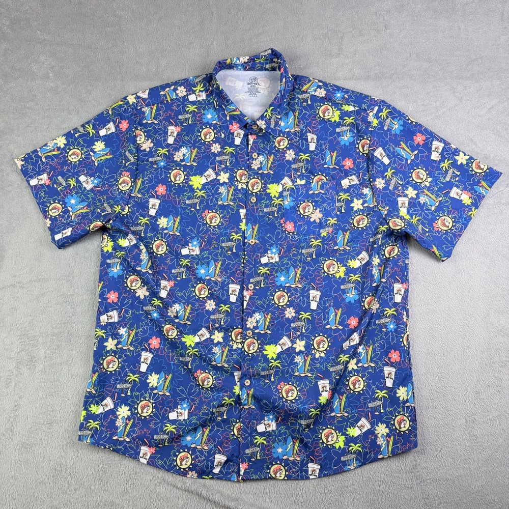 Buc-ee's AOP Tropical Beaver Print Short Sleeve Button Up Shirt Blue Mens 4XL